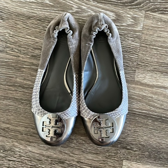 Tory Burch Snakeskin Ballet Flats Women’s‎ Size 7 Ballerina Leather Suede Gray - Picture 2 of 10